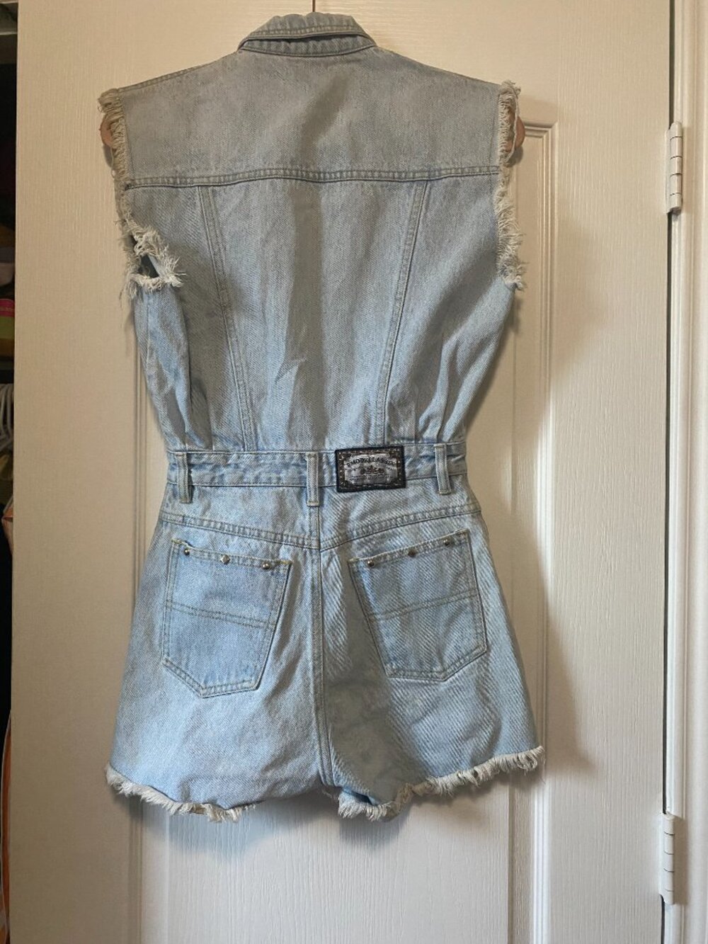 1980's/90's Vintage D'mode Classix Studded Frayed Denim Romper Light Wash 5 - Picture 13 of 16